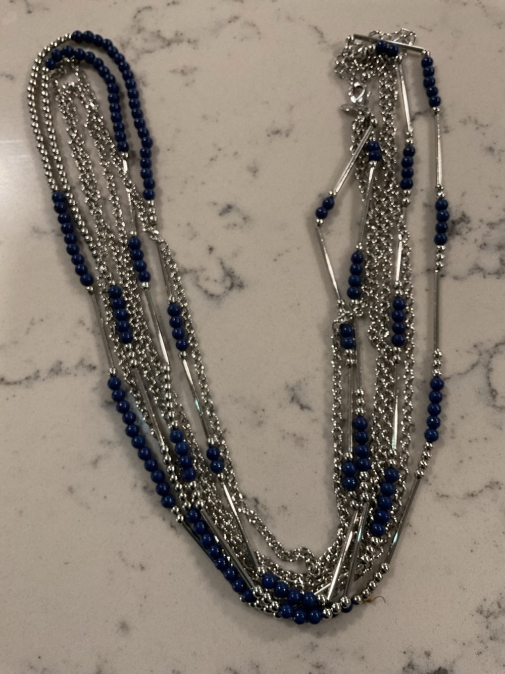 Like new Premier Designs Layered Silver Necklace Multi~strand with Blue Beads
